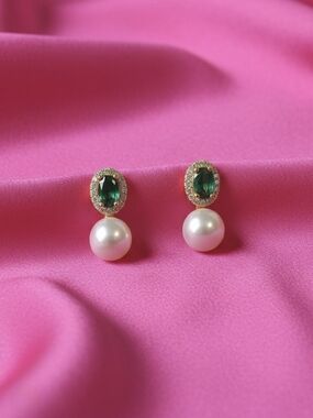 Freshwater Pearl Drop Earrings Inlaid w/ Emerald Green Zircon & Gold Accents